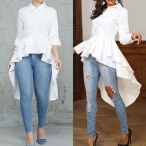 ZANZEA 여성 풀 슬리브 프릴 비대칭 헴 셔츠 옷깃 하이 로우 루즈 블라우스 튜닉 탑스