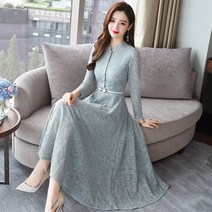 오르난 여성 레이스 쉬폰 플레어 긴소매 원피스 AU187