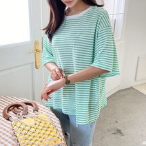 [천삼백케이] [코지23] 여자 스프라이트 줄지 단가라 라운드넥 루즈핏 반팔티