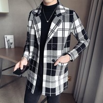 코트 다운 칼라 울 니트 스웨터 트렌치 더블 모직 체크 무늬 롱