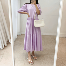 티어드 캉캉 벌룬소매 A라인 루즈핏 반팔 롱 원피스 3color