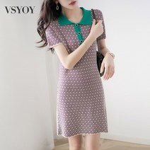 VSYOY 칼라 스트라이프 니트 원피스 여름 패셔너블한 여성복 반팔 스커트