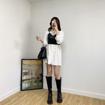 2color 가죽 크롭 뷔스티에 셔츠 원피스 세트