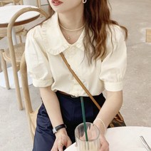 한 덩어리 2022 연한 크림 버터 소매 직각 어깨 숄더 칼라 반팔 셔츠 얇은 여성 여름 유니크한 상의