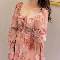 에브리바레 [원피스] L-4XL 봉쥬르 체형보정 빅사이즈 스모크밴딩 소매퍼프 스퀘어넥 스트랩 원피스