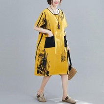 실버캣 여성 빅사이즈 라운드넥 벽 페인팅 그림 패턴 데일리 빈티지 시프트 원피스