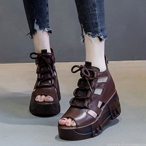 라오농 리얼 레더 여성 샌들 웨지 통굽 토오픈 스트랩 힐 엠보 5CM 키높이힐+d2405LL