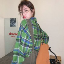 HOUZHOU 녹색 하라주쿠 패션 체크남방 루즈핏 롱슬리브 여성