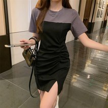 잇츠스타일 여성 라운드넥 그레이 앤 블랙 배색 심플 주름 여름 데일리 숏&롱 원피스