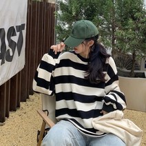 [당일출고] 세인즈 단가라 오버핏 맨투맨티셔츠 스트라이프 캐주얼