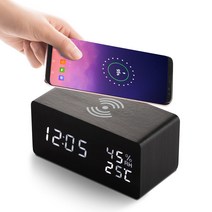 플라이토 우드 무선충전 데이트 LED 탁상시계 + USB아답터, 블랙