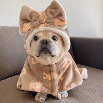 (토토네)강아지 왕리본 담요 겸용 후리스 후드 케이프 망토 프렌치불독옷 슈나우저 푸들 비숑 포메 S-L 중형견옷 소형견옷 TO-00050, 아이보리