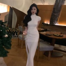 Z3JC 디자인 고급스러운 트임 솔리드 컬러입니다 여성 롱원피스