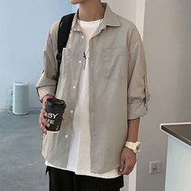 남자백프린팅레터링롤업셔츠레이 롤업셔츠 스트릿패션 가벼운 남방 남자 레터링 캐주얼룩 백프린팅 남성오버핏 9W8C587F