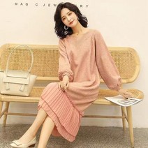 AMlisa 빅사이즈원피스 XXS-8XL 120kg 착용가능 스웨터 니트 원피스 플리츠 롱 긴팔 브이넥 가을 원피스 플리츠원피스