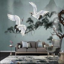 3D 벽화 벽지 소나무 학그림 거실 소파 TV 인테리어 배경벽지, 1 ㎡, 모조 가죽