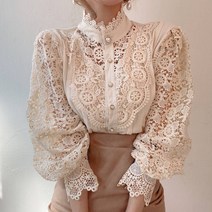 여자 가을 프렌치 시크 레이스 블라우스 화이트 블랙