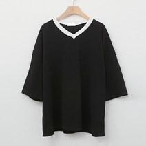 빅걸스토리 여성 빅사이즈 배색 겹브이 심플 캐주얼 데일리 티셔츠