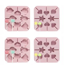 Nolepe 실리콘 초콜릿 롤리팝 덮개 없는 8구 베이킹몰드 2종 세트 스틱 5개 포함, 2개, 핑크 별 + 조개, 핑크 판다 + 돼지