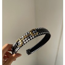 ANYOU 1+1 블랙 헤어밴드 여성용 하운드투스 머리띠 빈티지 체크무늬+금속 헤어악세사리 한국어 패션 벨벳 흑백 격자 무늬 머리띠 하이 엔드 금속 버클 머리핀 헤어 밴드 머리띠 헤어 액세서리