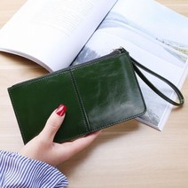 빈티지 오일 왁스 가죽 지퍼 클러치 지갑 여성용 대용량 동전 지갑 숙녀 손목 밴드 심플 카드 홀더 지갑