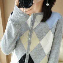 제나 아가일패턴 체크무늬 라운드넥 컬러 니트 가디건 빅사이즈 부드러운 캐시미어 데일리 간절기 여성아이템