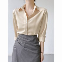 FANSYLI 여성 봄 가을 캐주얼 셔츠 슬림 새틴 블라우스