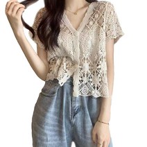 여성용 여름 반팔 브이넥 니트 펀칭 자수 가디건