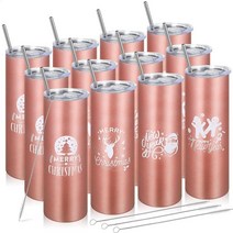 Umigy 12팩 크리스마스 텀블러 뚜껑과 빨대 브러시 포함 591.5ml(20온스) 진공 이중 단열 스키니 텀블러 스테인리스 스틸 커피 여행 머그 나무 물병 컵 친구를 위한, Rose Gold