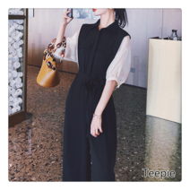 티피여성 여름 엘레강스 허리 밴딩 퍼프 소매 라지 얇은 시폰 점프슈트