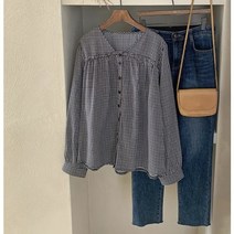 고방체크 프릴 브이넥 여성 셔링소매 가을블라우스
