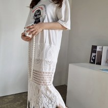 [비비애르] 펀칭 레이스 벌룬 코튼 믹스 반팔 롱 원피스 루즈핏 리조트 썸머룩
