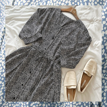 브이넥 반팔 허리끈 물방울무늬 롱원피스 GM