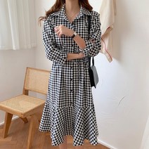 타니즈 루플 체크 카라넥 셔츠 미디원피스
