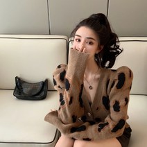 대비 호피 가디건 루즈 겨울 쇼트 버튼 노카라 허리선 배색 베이직 소매