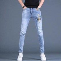 남성 청바지 데미지 자수 플라워 청바지 스판 프린트 캐주얼 데님 팬츠 4P253