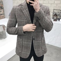 용된다 남자 겨울 울 글렌 체크 싱글 자켓 블렉이져