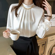 안녕릴리 여성 루즈핏 반하이넥 플리츠 주름 페미닌 캐주얼 블라우스 2010170BL