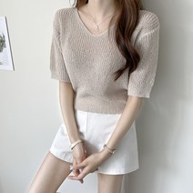 바이단미 여성용 여름 브이넥 벌룬 퍼프 소매 미니멀 반팔 니트