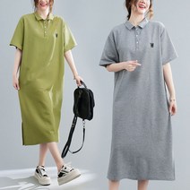 은창]W레터링 카라넥 베이직 롱 원피스 여름 치마 빅사이즈 루즈핏 퍼프 반팔 롱원피스 여성 돌잔