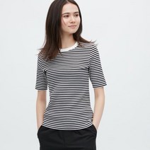 유니클로 여성 립 스트라이프 크루넥 5부 티셔츠 슬림 반팔 458962