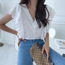여성 셔츠 블라우스 데일리 런트 브이넥 레이스 펀칭