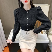 [하나비] 게난트 여성 봄 가을 라운드넥 앞버튼 무지 앞 셔링 주름 럭셔리 블라우스