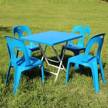 지오리빙 플라스틱 테이블 의자 세트, 사각+등받이(블루)