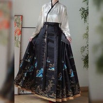 생활한복 여성 한푸 말 얼굴 스커트 현대 오버사이즈 오피스 레이디 착용 긴팔 셔츠 및 중국 세트 플러스 사이즈 개