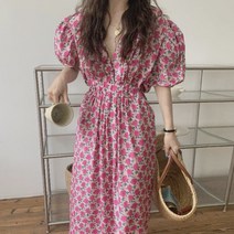 샤샤카드 여름 벨트 퍼프 소매 브이넥 잔꽃무늬 프릴 롱원피스