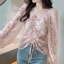 핑크 플라워 셔링 여성 긴팔 블라우스