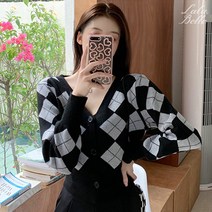 라라벨 여성 가디건 크롭 숏 아가일가디건 겨울 크롭가디건