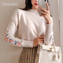 나바바 NK396 여성 캐주얼 플라워자수 하이넥 니트티