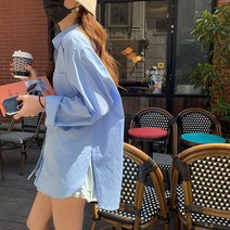 카라넥 파랑와이셔츠 여성 봄가을 디자인감각 보이핏 볼륨 돋보이게 함 옷 롱슬리브티 이너티셔츠 겹겹이 입기 3694389403